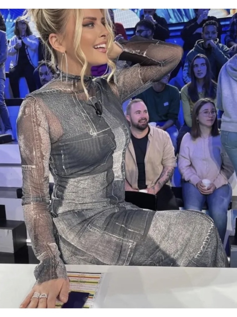 Zara Patchwork Tulle Mesh Sheer Midi Maxi Dress Gray Blue Denim Look Size XL - Picture 4 of 15